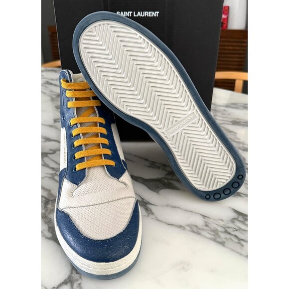 YSL SAINT LAURENT 610618 SL24 LEATHER SNEAKERS MID TOP WHITE BLUE SZ 41 - Picture 8 of 10